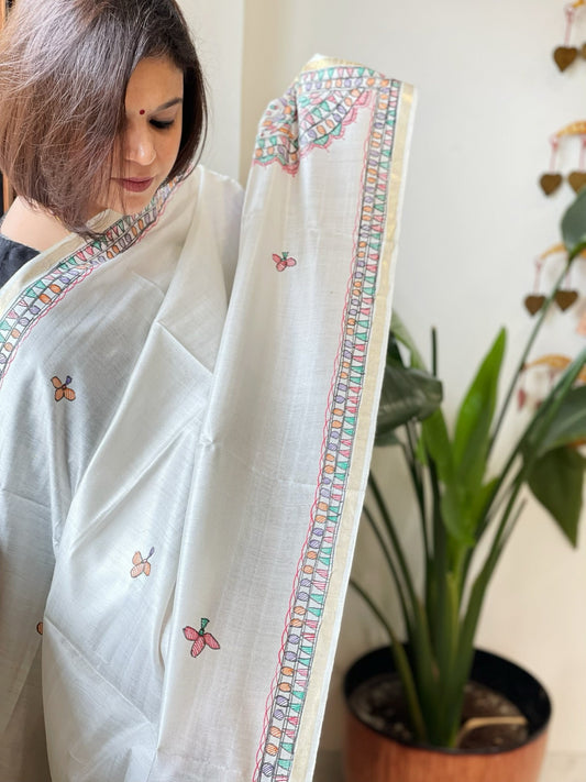 Handpainted Madhubani Dupatta in Pure Chanderi Silk - Masakalee