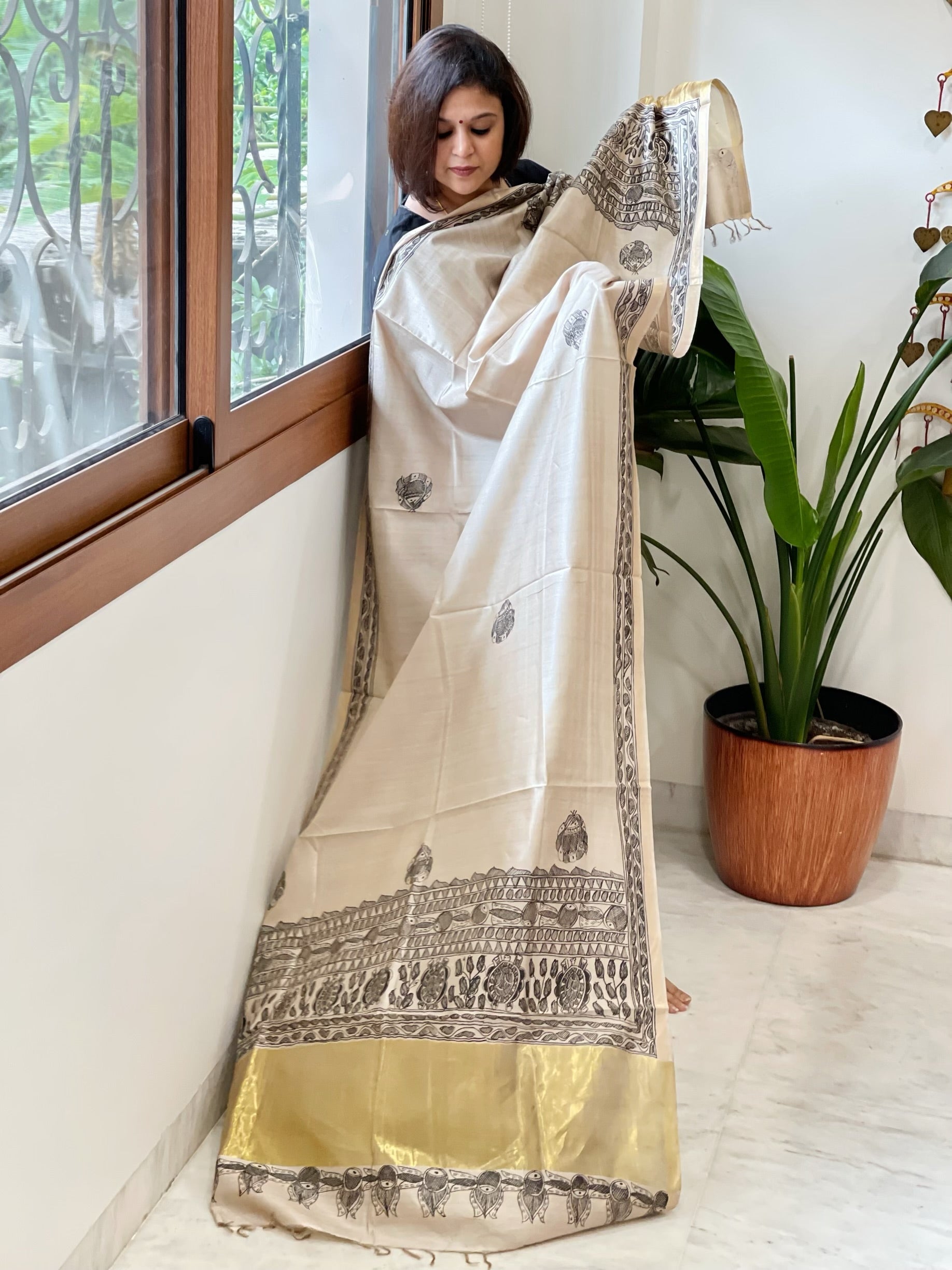 Handpainted Madhubani Dupatta in Pure Chanderi Silk - Masakalee