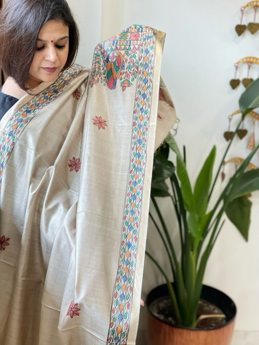 Handpainted Madhubani Dupatta in Pure Chanderi Silk - Masakalee