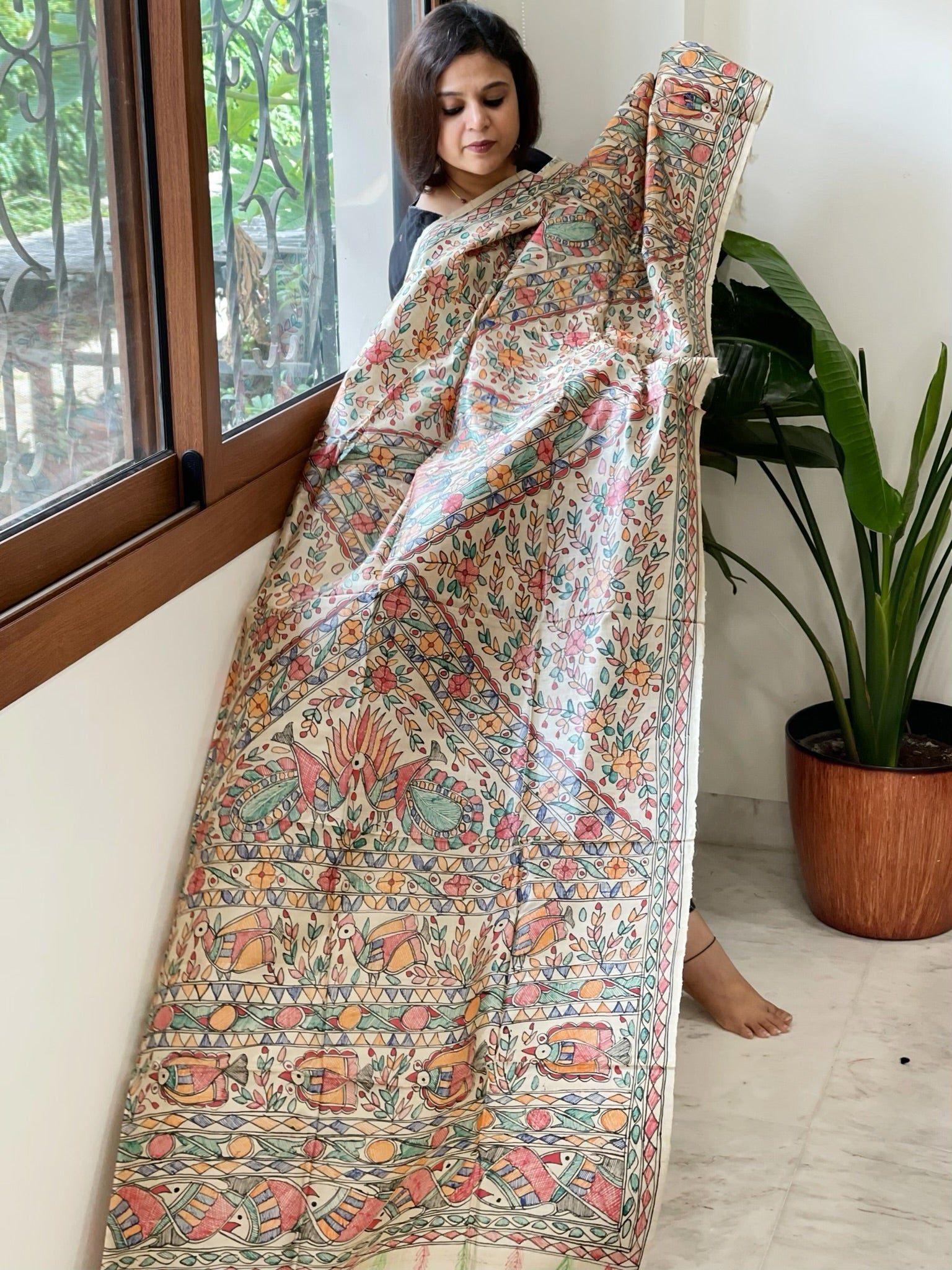 Handpainted Madhubani Dupatta in Pure Tussar Silk - Masakalee