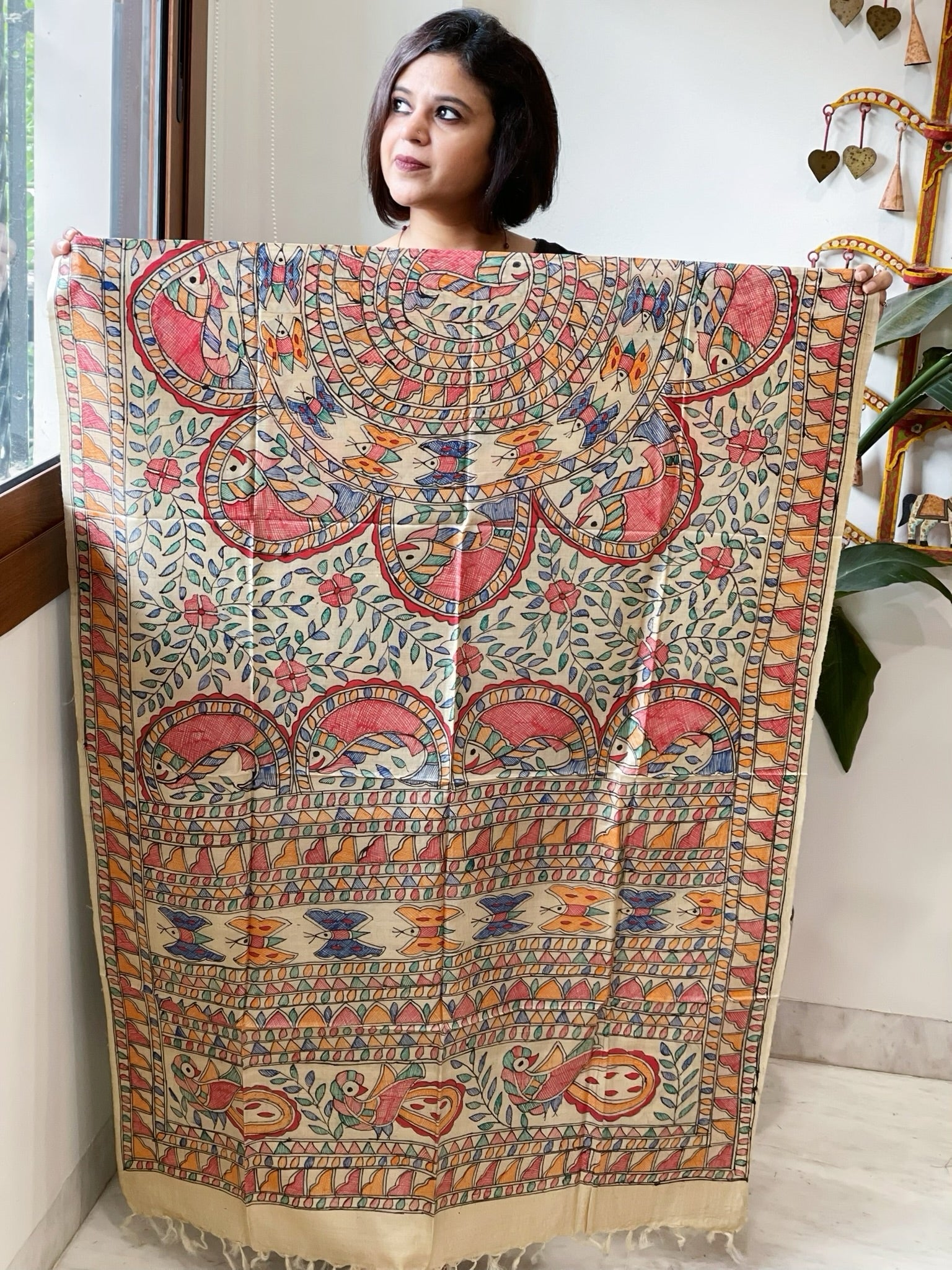 Handpainted Madhubani Dupatta in Pure Tussar Silk - Masakalee