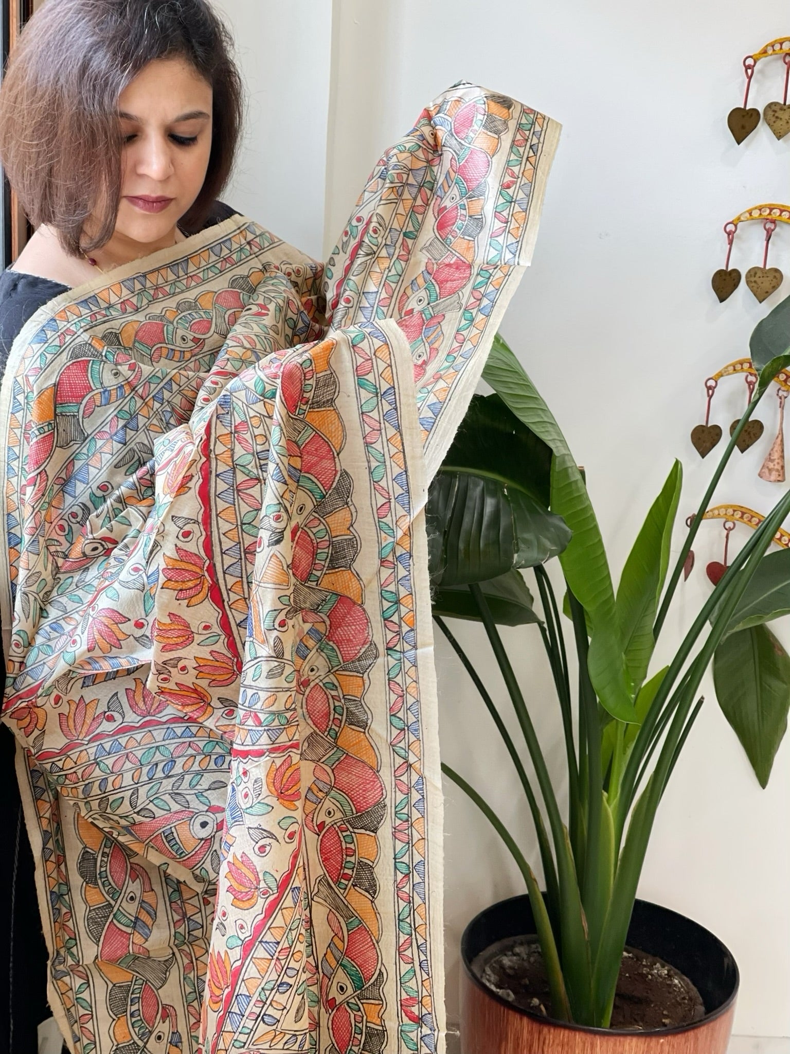 Handpainted Madhubani Dupatta in Pure Tussar Silk - Masakalee