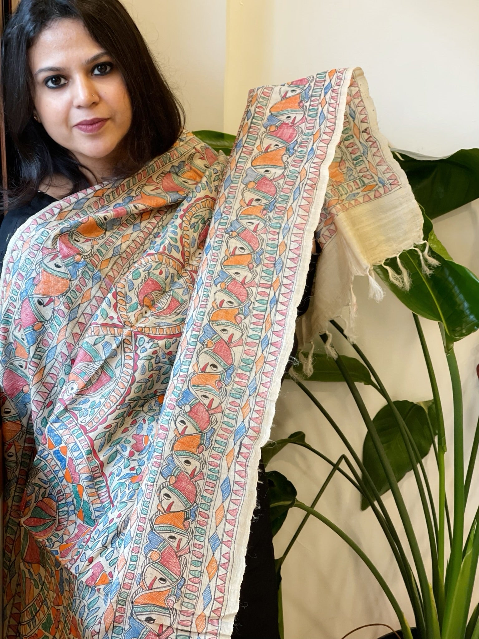 Handpainted Madhubani Dupatta in Pure Tussar Silk - Masakalee