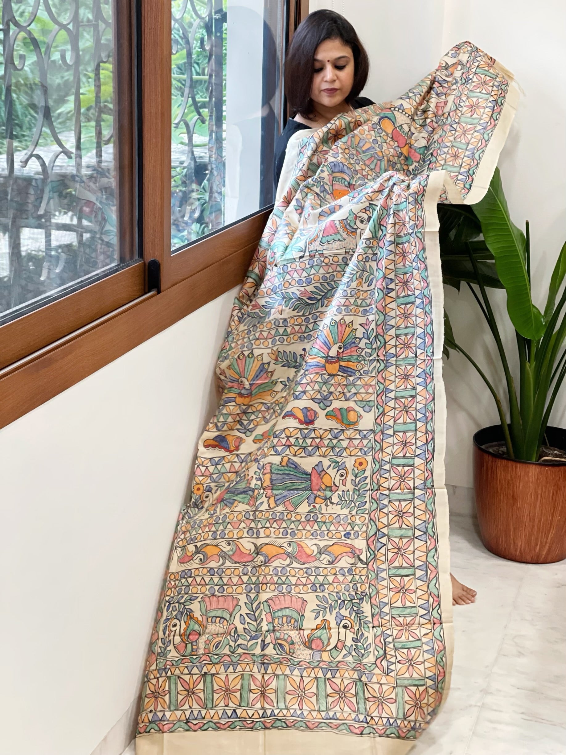 Handpainted Madhubani Dupatta in Pure Tussar Silk - Masakalee