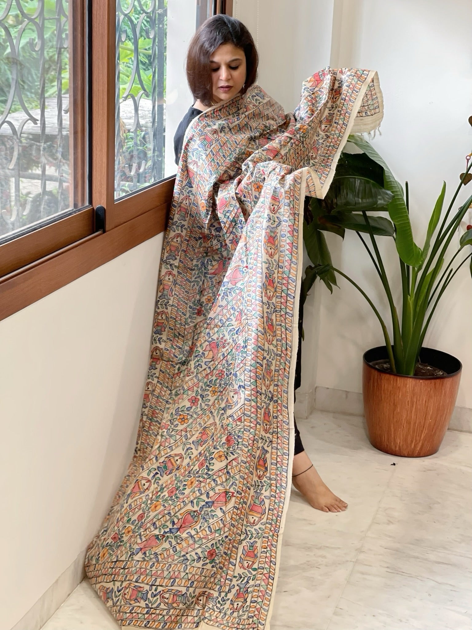 Handpainted Madhubani Dupatta in Pure Tussar Silk - Masakalee