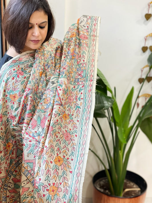 Handpainted Madhubani Dupatta in Pure Tussar Silk - Masakalee
