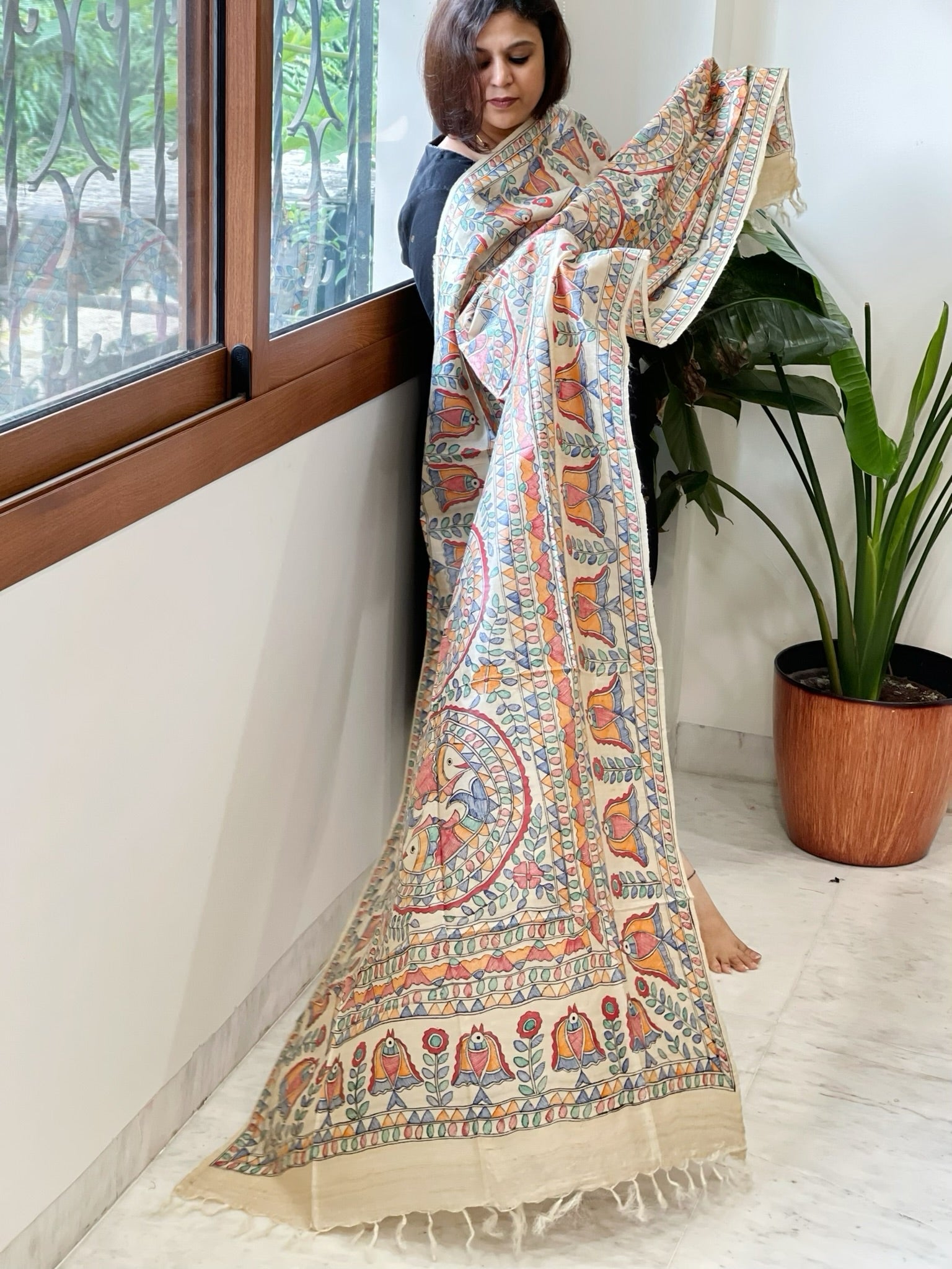 Handpainted Madhubani Dupatta in Pure Tussar Silk - Masakalee
