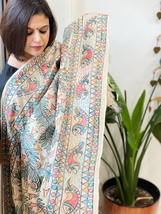 Handpainted Madhubani Dupatta in Pure Tussar Silk - Masakalee
