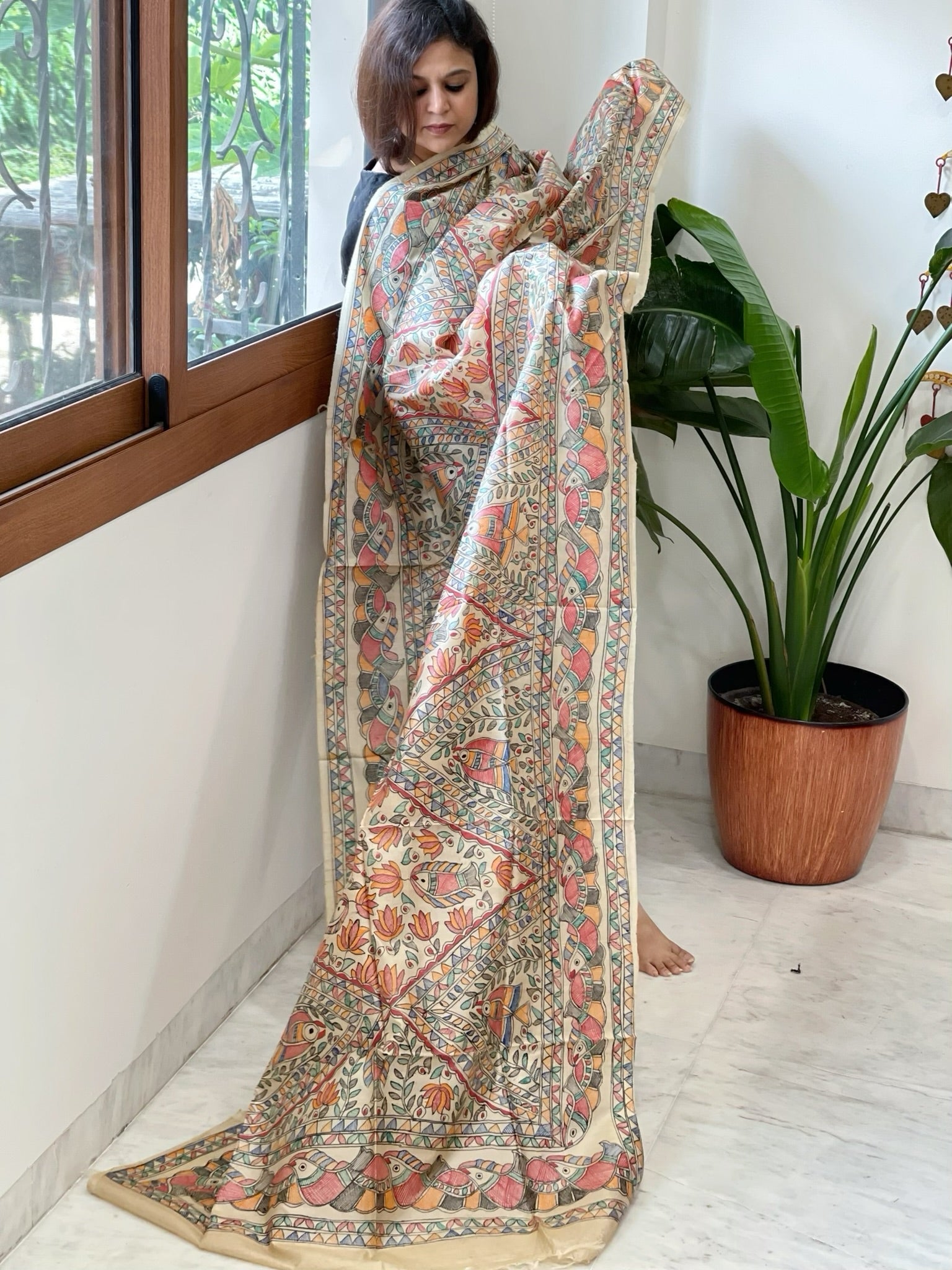 Handpainted Madhubani Dupatta in Pure Tussar Silk - Masakalee