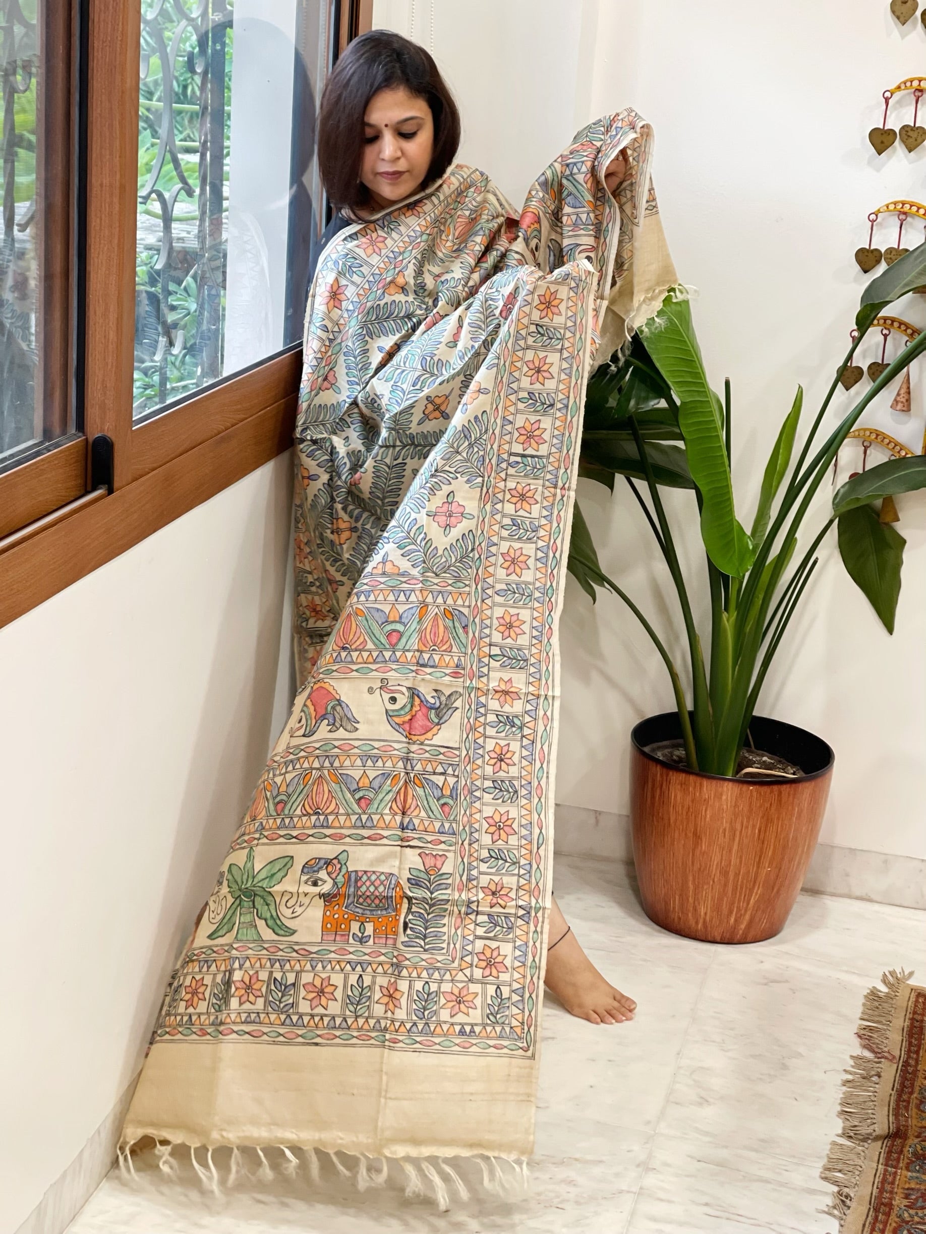 Handpainted Madhubani Dupatta in Pure Tussar Silk - Masakalee