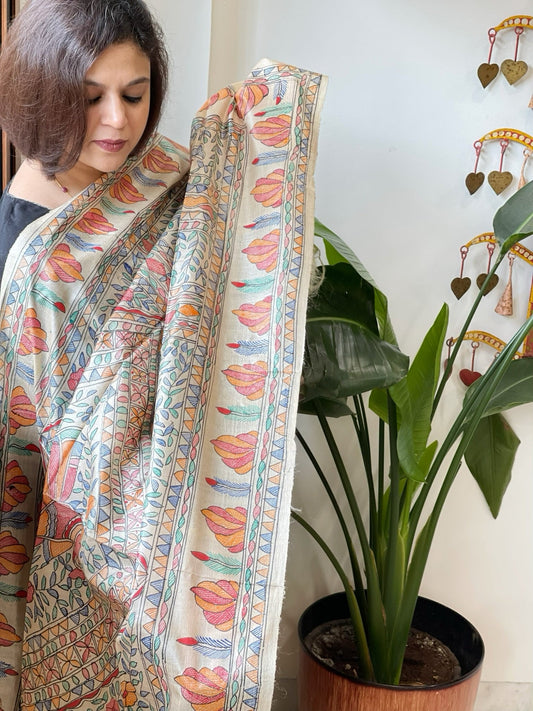 Handpainted Madhubani Dupatta in Pure Tussar Silk - Masakalee