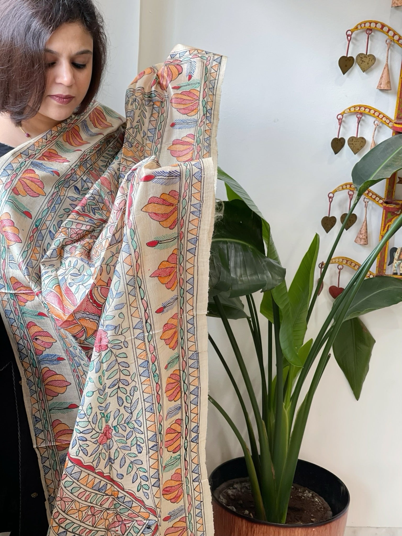 Handpainted Madhubani Dupatta in Pure Tussar Silk - Masakalee