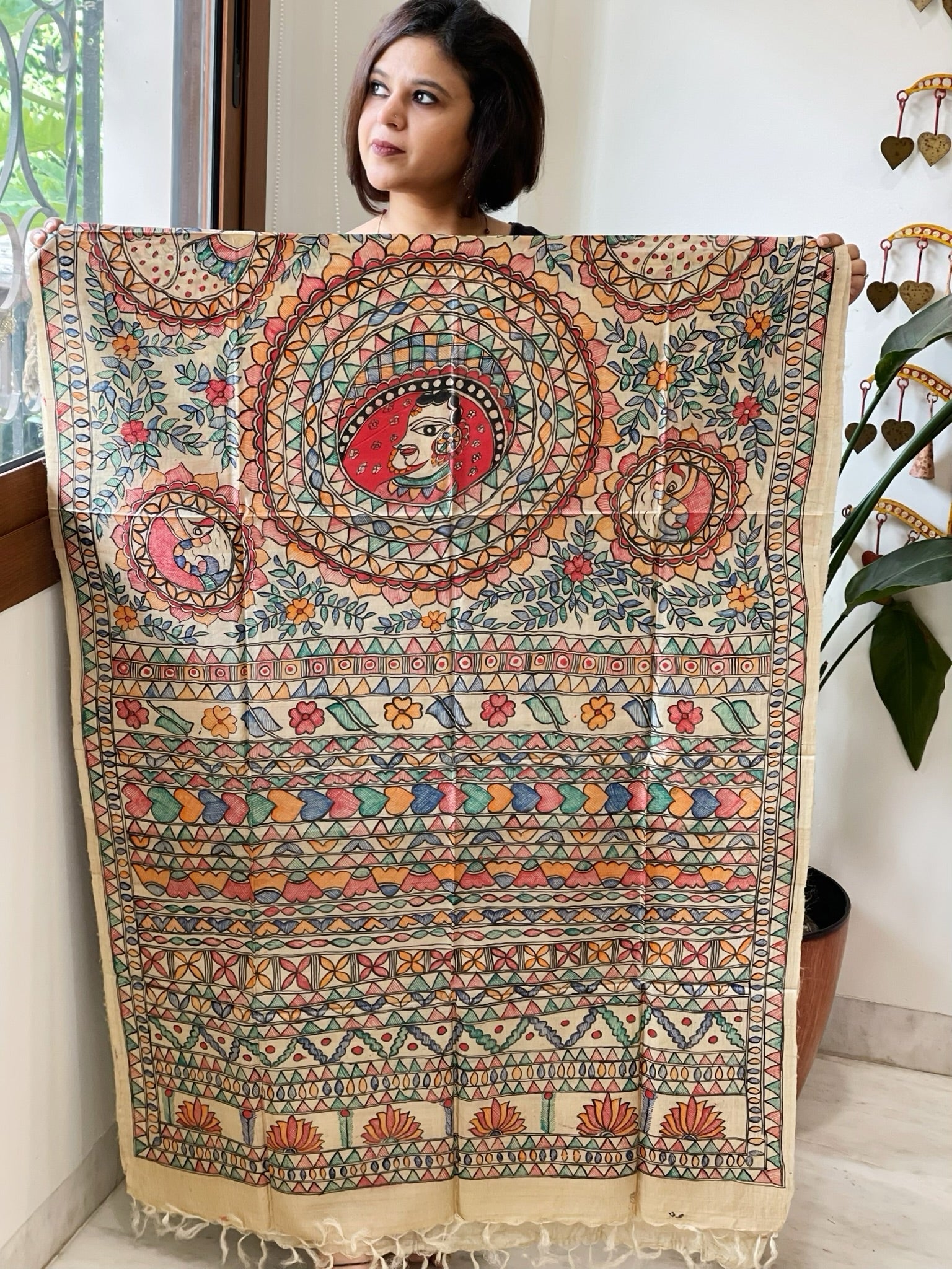 Handpainted Madhubani Dupatta in Pure Tussar Silk - Masakalee
