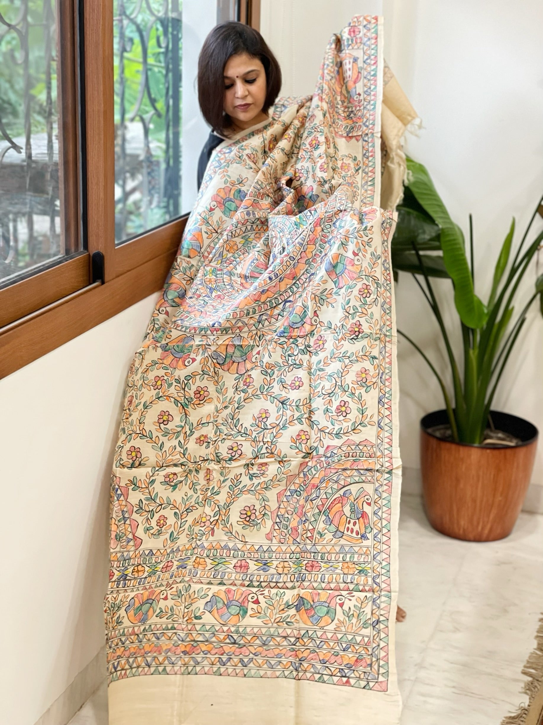 Handpainted Madhubani Dupatta in Pure Tussar Silk - Masakalee