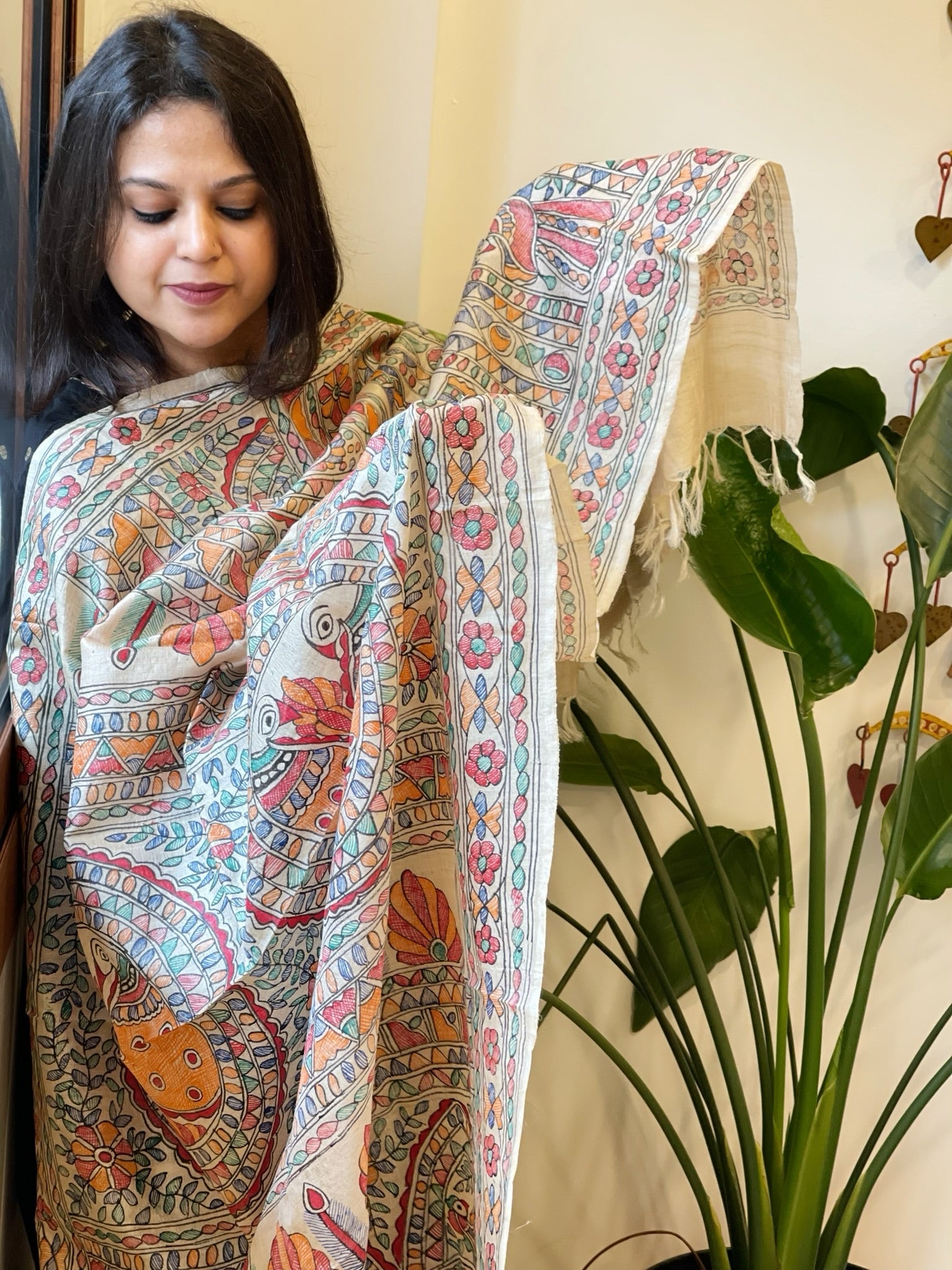 Handpainted Madhubani Dupatta in Pure Tussar Silk - Masakalee