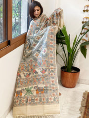 Handpainted Madhubani Dupatta in Pure Tussar Silk - Masakalee