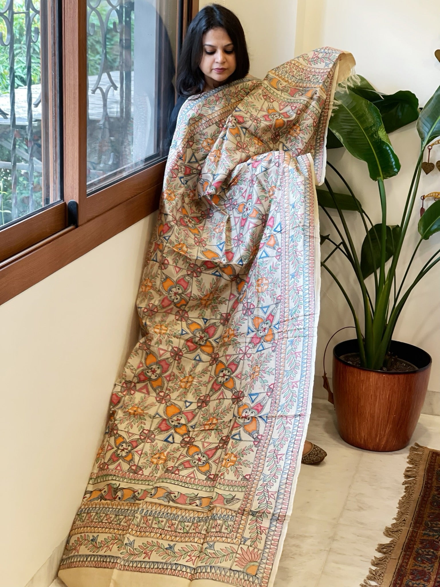 Handpainted Madhubani Dupatta in Pure Tussar Silk - Masakalee