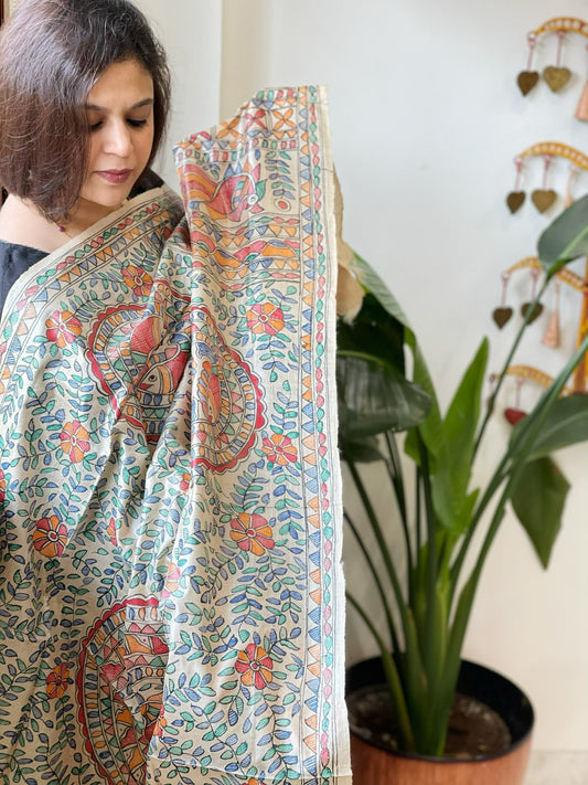 Handpainted Madhubani Dupatta in Pure Tussar Silk - Masakalee