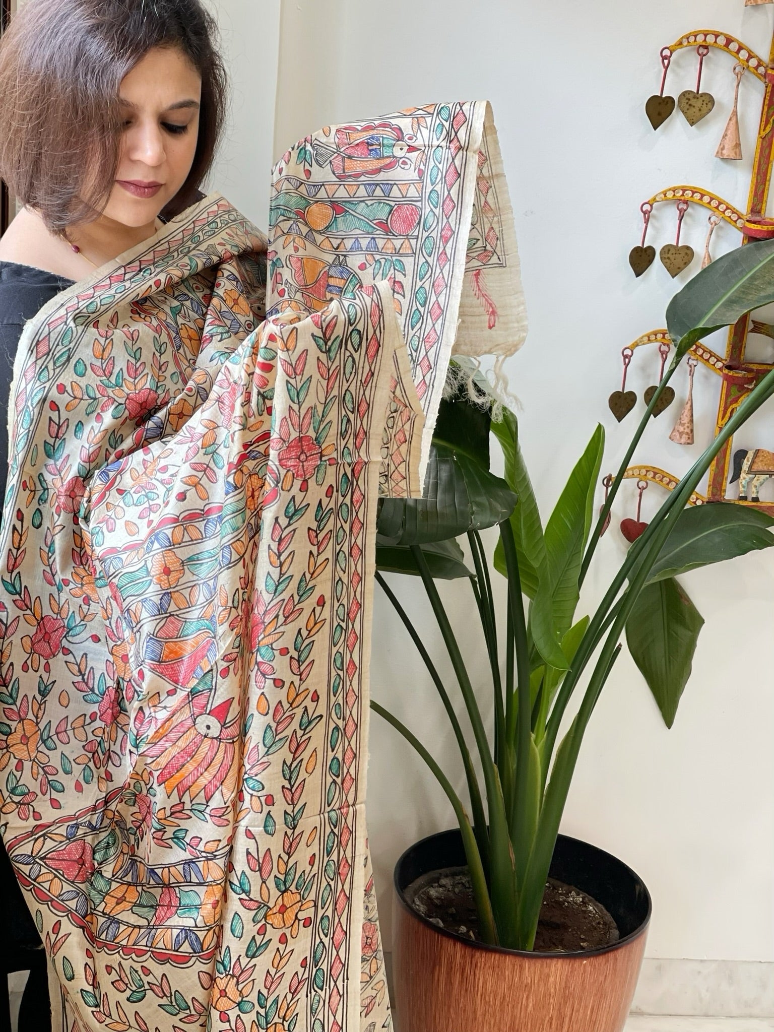 Handpainted Madhubani Dupatta in Pure Tussar Silk - Masakalee