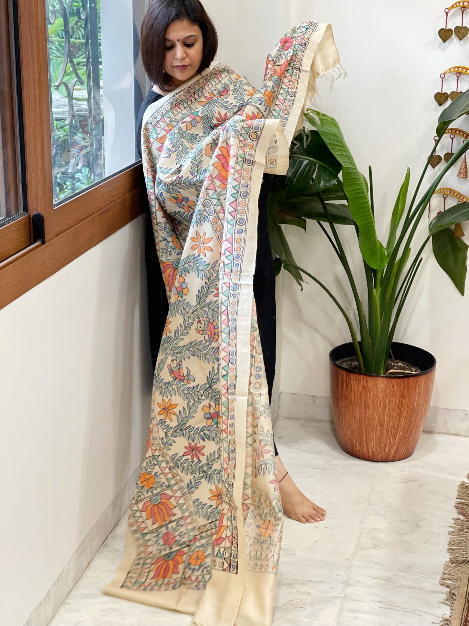 Handpainted Madhubani Dupatta in Pure Tussar Silk - Masakalee