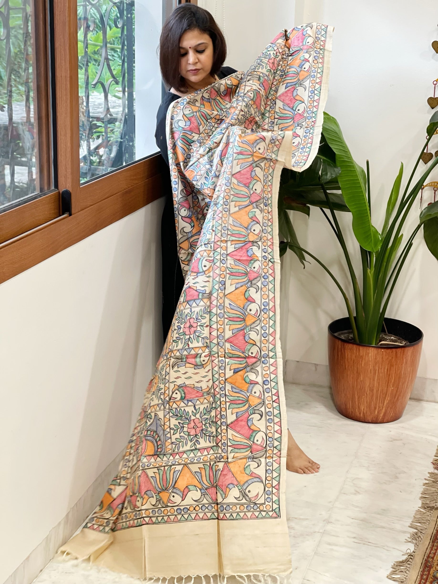 Handpainted Madhubani Dupatta in Pure Tussar Silk - Masakalee