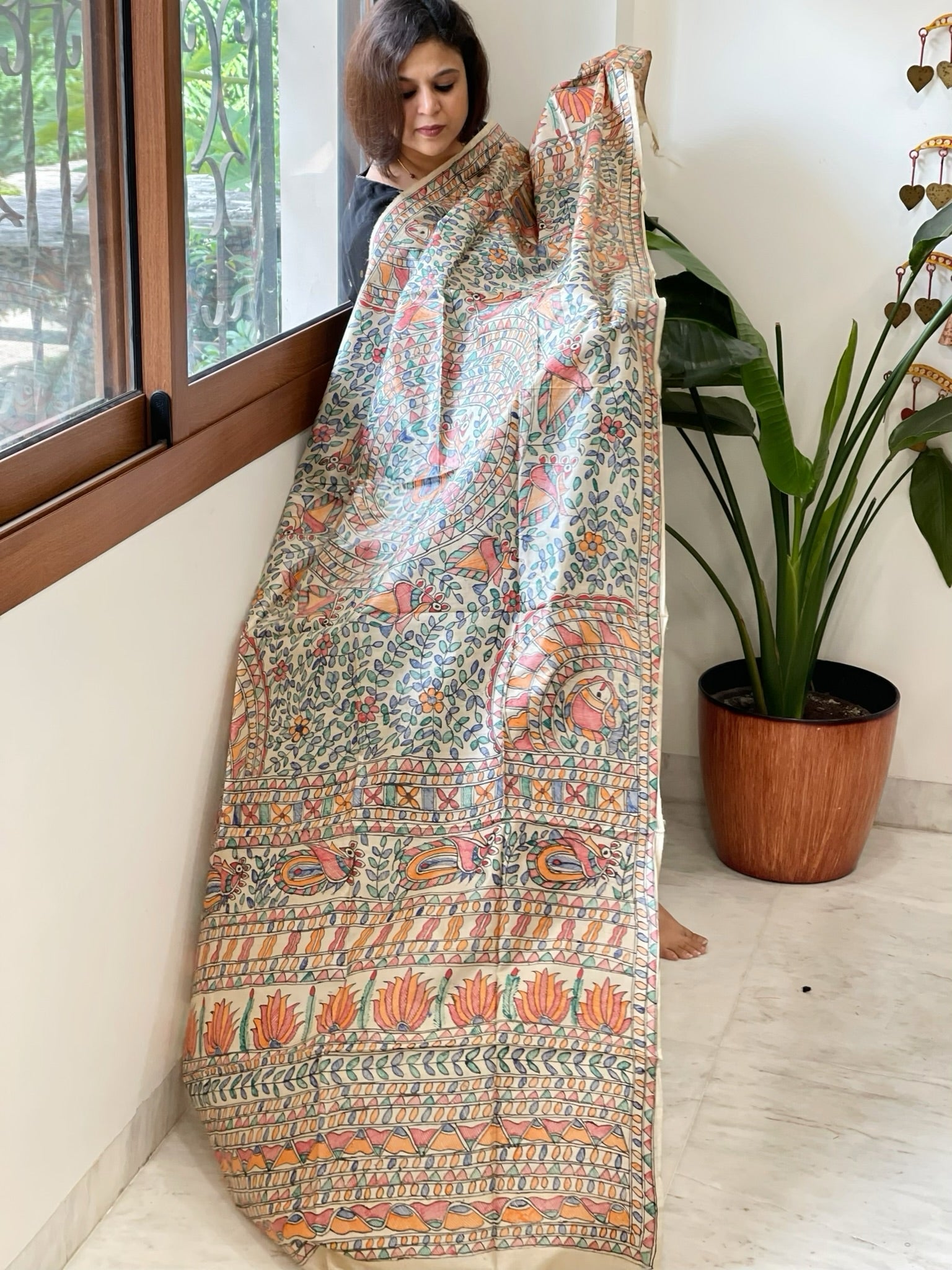 Handpainted Madhubani Dupatta in Pure Tussar Silk - Masakalee