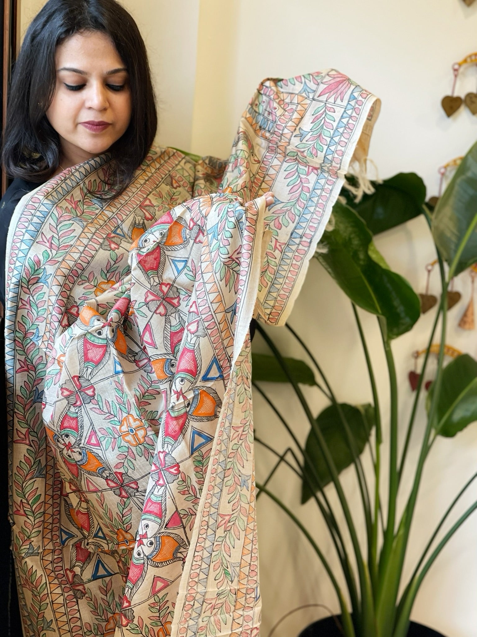 Handpainted Madhubani Dupatta in Pure Tussar Silk - Masakalee