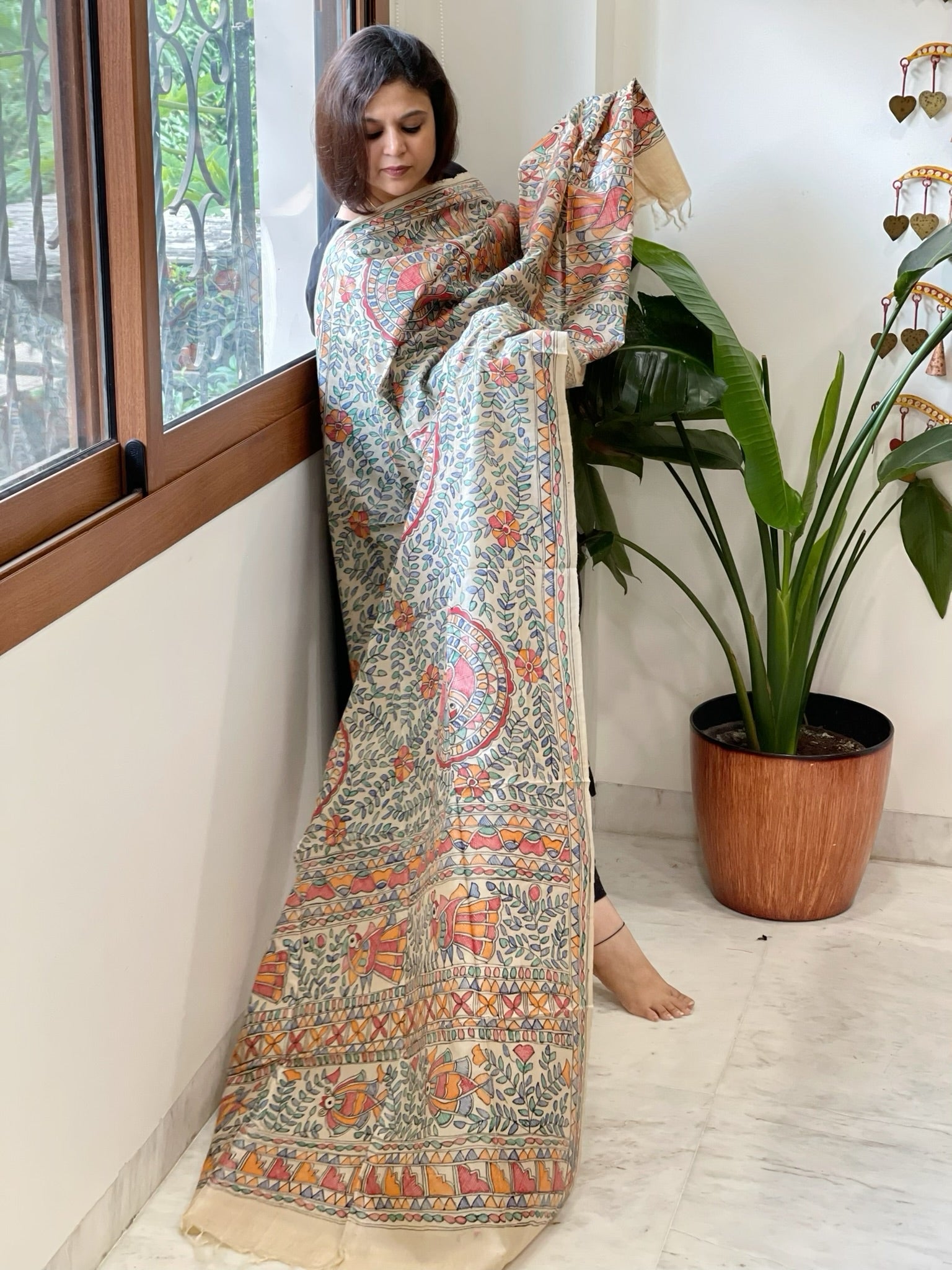 Handpainted Madhubani Dupatta in Pure Tussar Silk - Masakalee