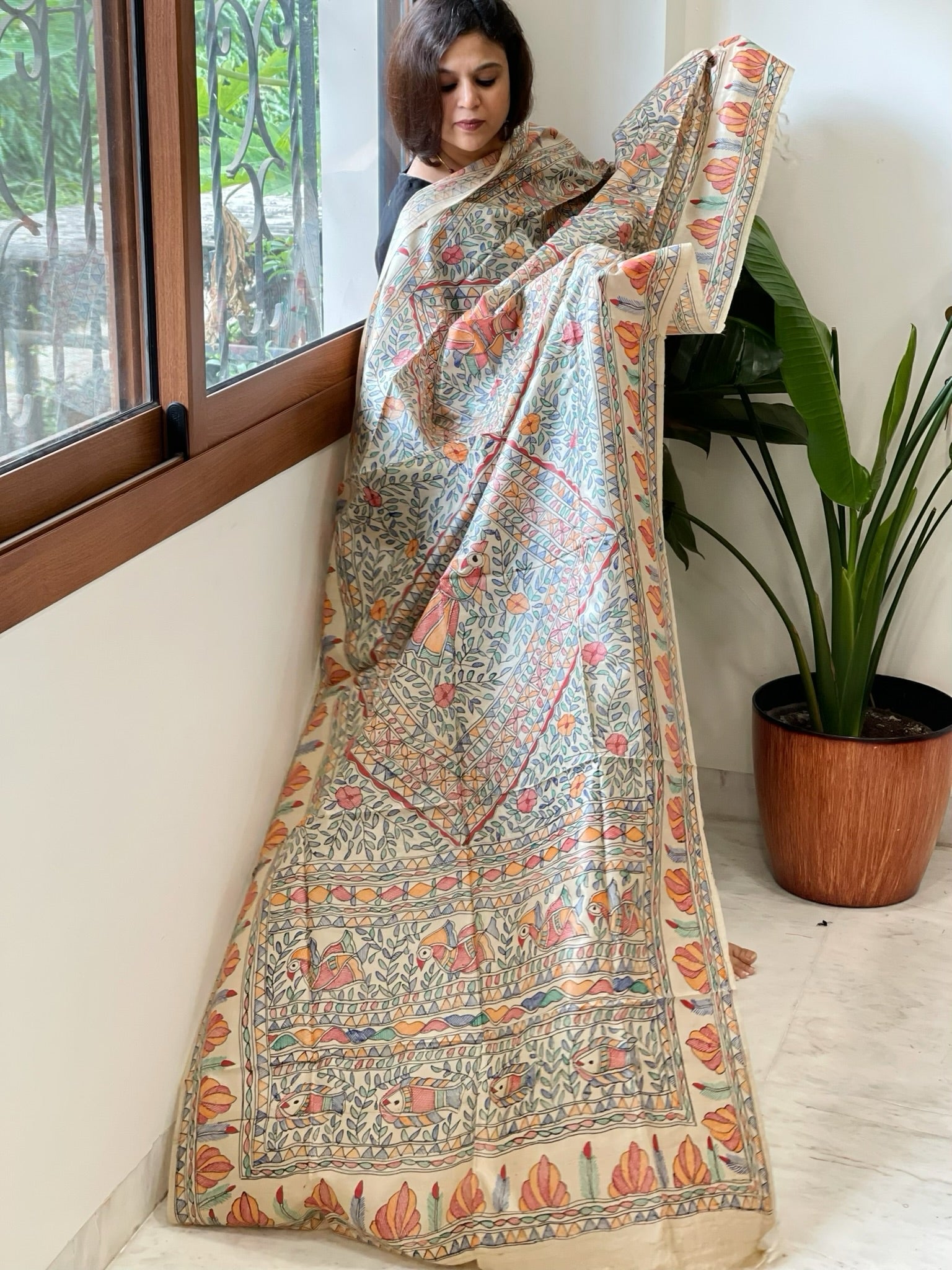 Handpainted Madhubani Dupatta in Pure Tussar Silk - Masakalee