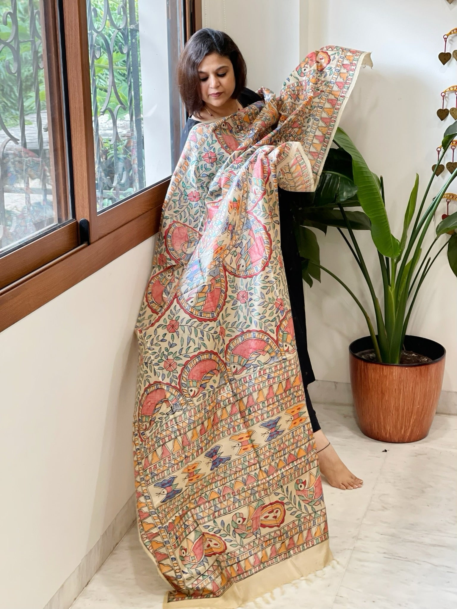 Handpainted Madhubani Dupatta in Pure Tussar Silk - Masakalee