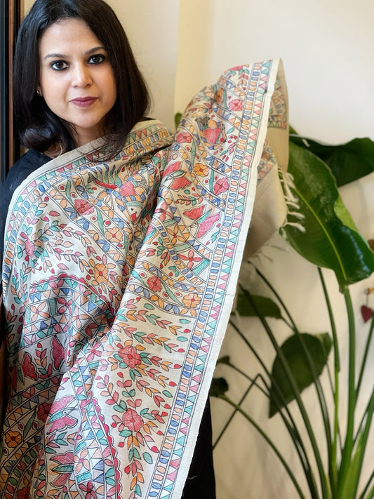 Handpainted Madhubani Dupatta in Pure Tussar Silk - Masakalee