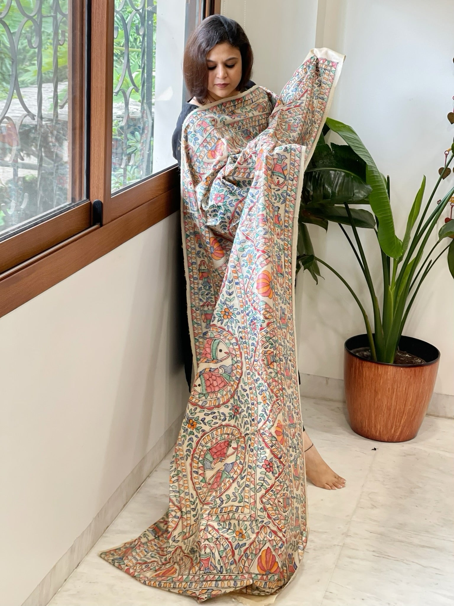 Handpainted Madhubani Dupatta in Pure Tussar Silk - Masakalee