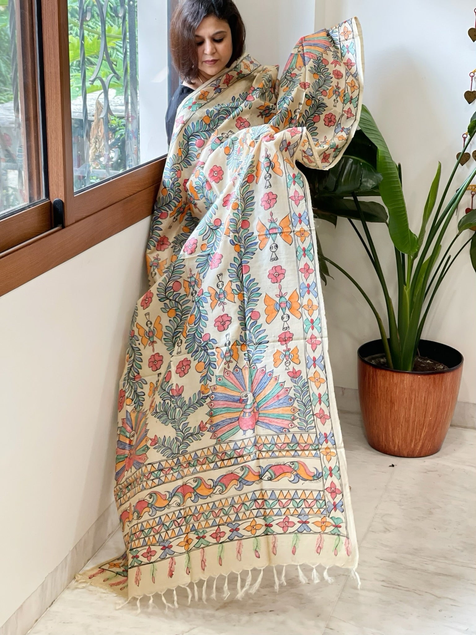 Handpainted Madhubani Dupatta in Pure Tussar Silk - Masakalee