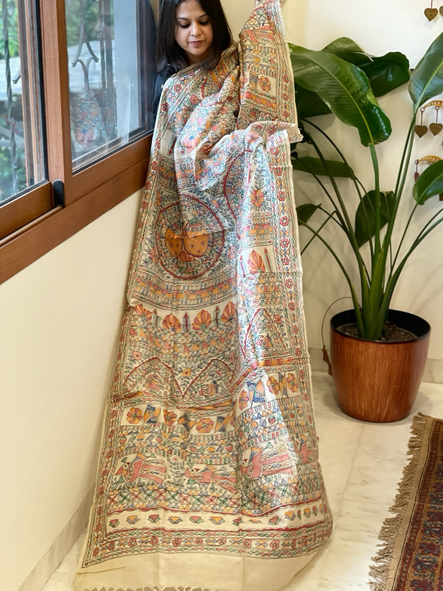 Handpainted Madhubani Dupatta in Pure Tussar Silk - Masakalee