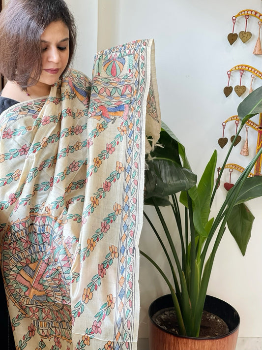 Handpainted Madhubani Dupatta in Pure Tussar Silk - Masakalee