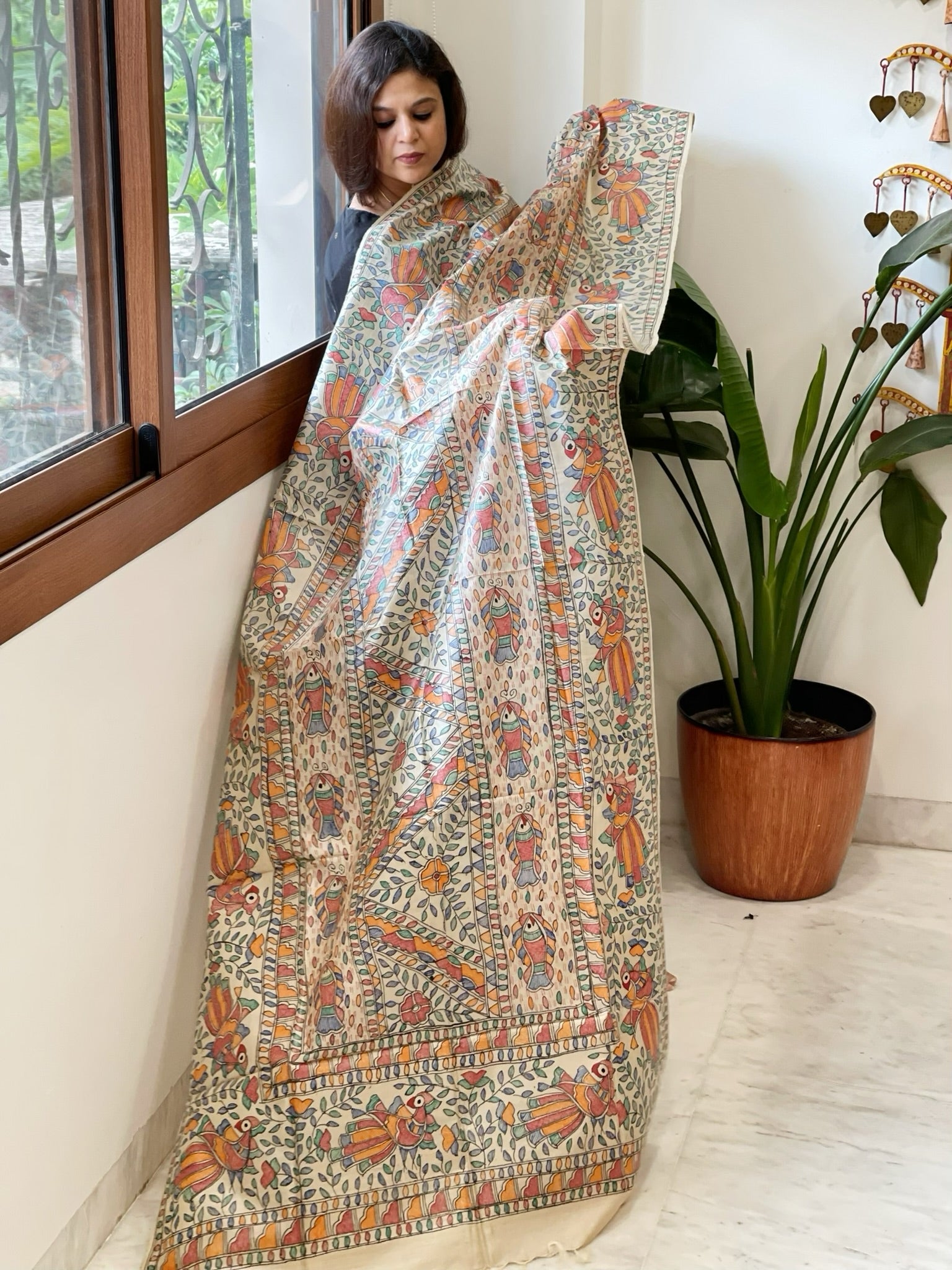 Handpainted Madhubani Dupatta in Pure Tussar Silk - Masakalee