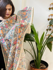 Handpainted Madhubani Dupatta in Pure Tussar Silk - Masakalee
