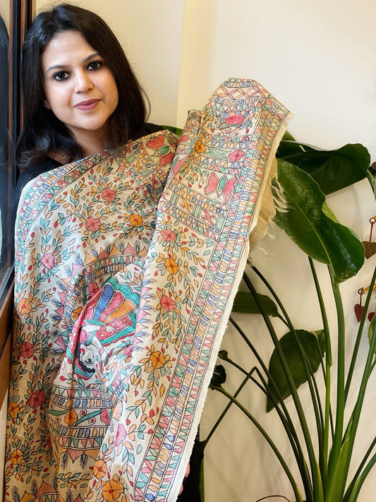 Handpainted Madhubani Dupatta in Pure Tussar Silk - Masakalee