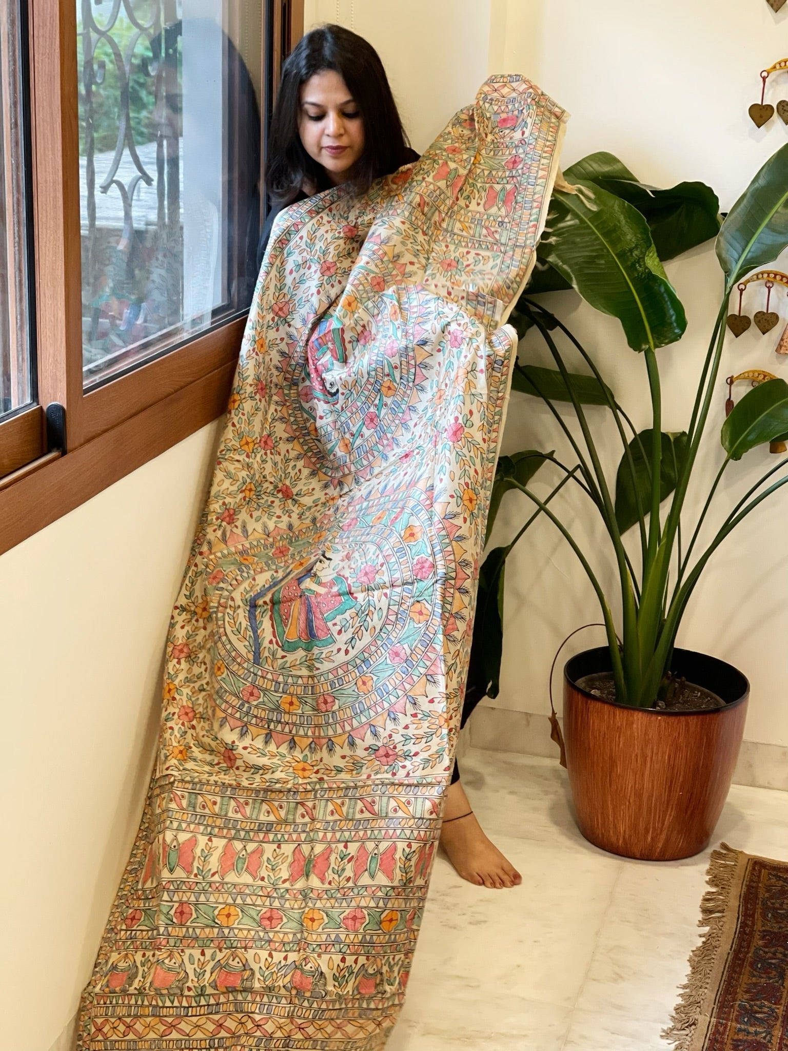 Handpainted Madhubani Dupatta in Pure Tussar Silk - Masakalee