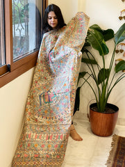 Handpainted Madhubani Dupatta in Pure Tussar Silk - Masakalee