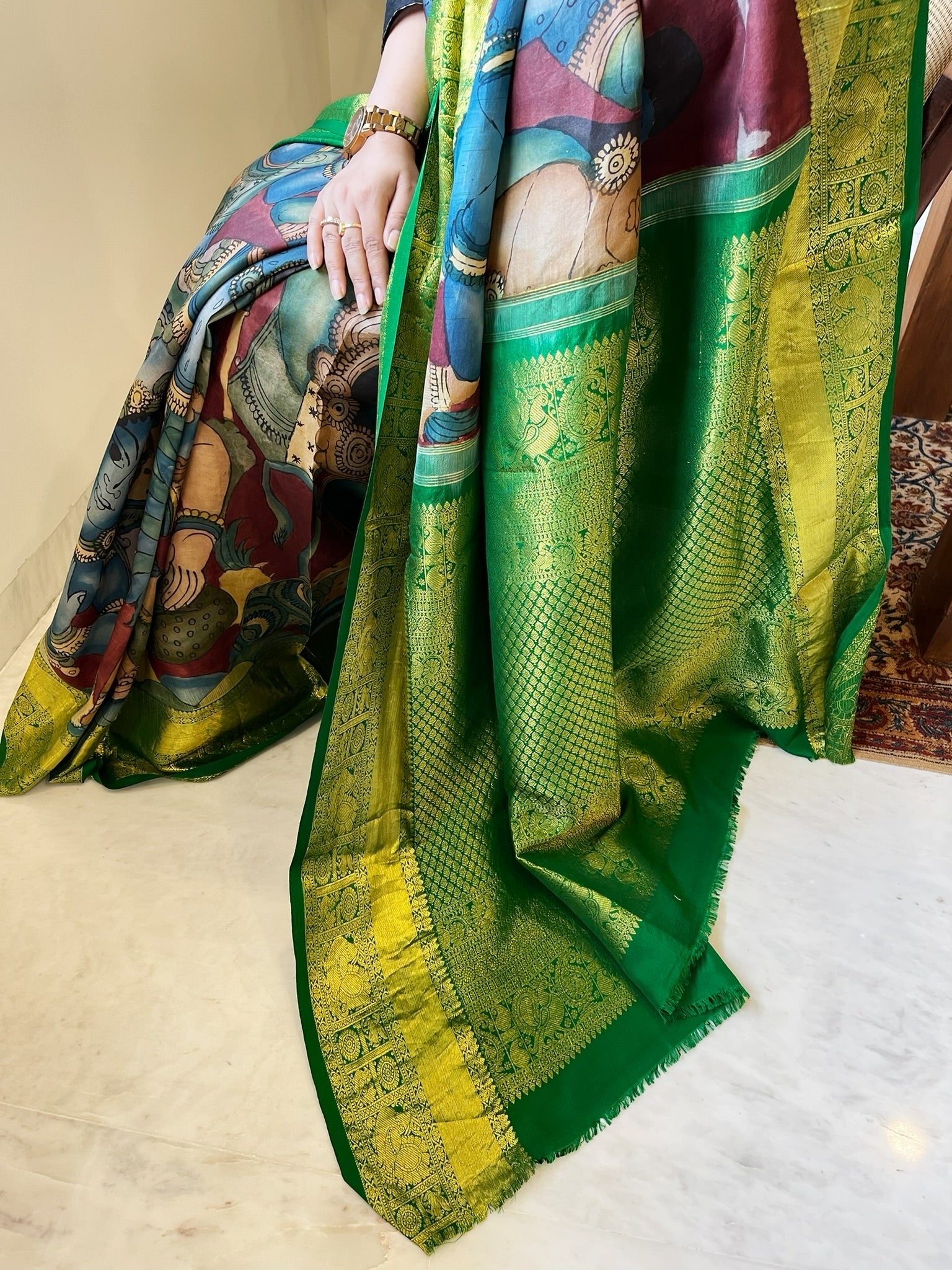 Handpainted Ramayana Theme Kalamkari Saree with Kanchipuram Pattu Border & Pallu in Pure Tussar Silk - Masakalee