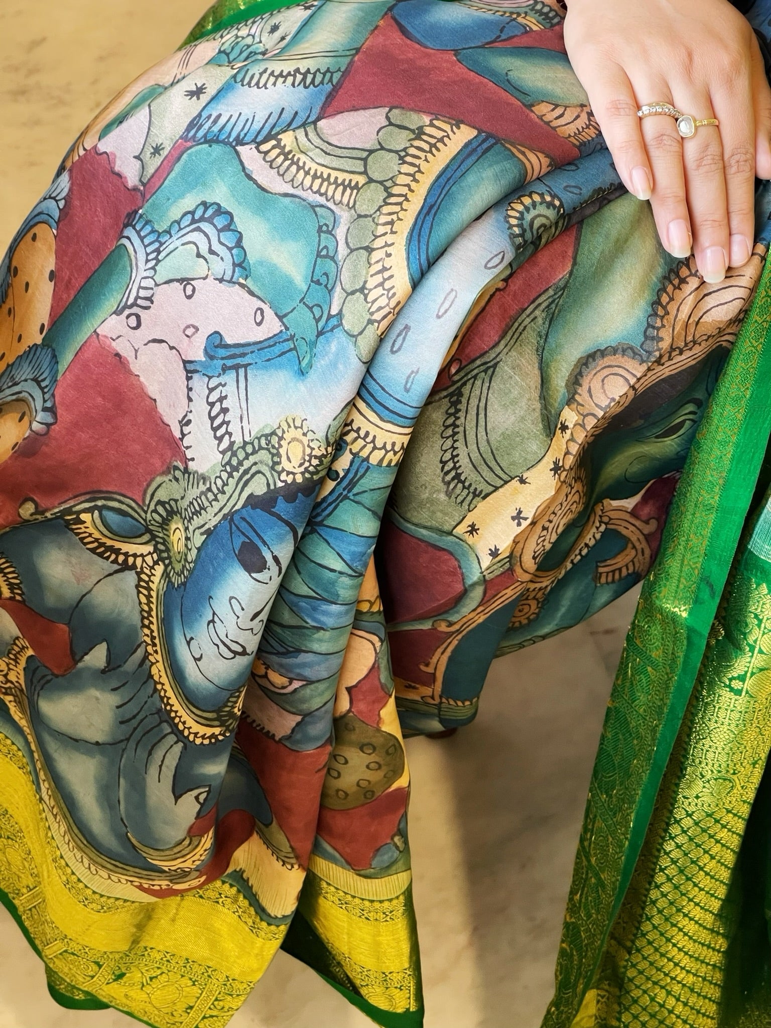 Handpainted Ramayana Theme Kalamkari Saree with Kanchipuram Pattu Border & Pallu in Pure Tussar Silk - Masakalee