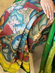 Handpainted Ramayana Theme Kalamkari Saree with Kanchipuram Pattu Border & Pallu in Pure Tussar Silk - Masakalee