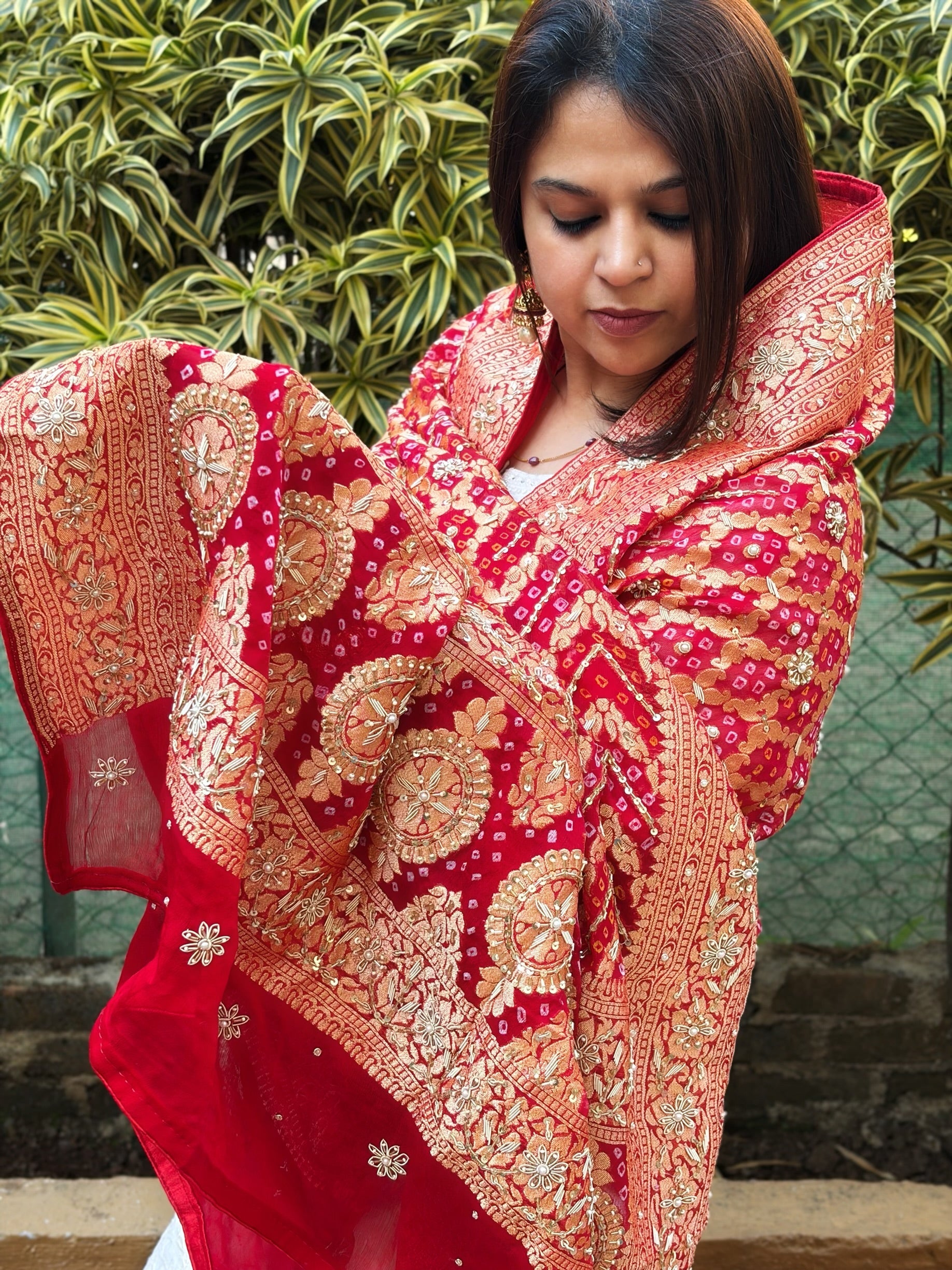 Handwoven Bareek Bandhani dupatta with Dabka Handwork in Pure Gajji silk - Masakalee