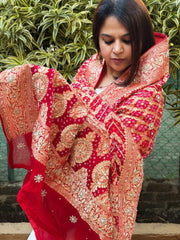 Handwoven Bareek Bandhani dupatta with Dabka Handwork in Pure Gajji silk - Masakalee