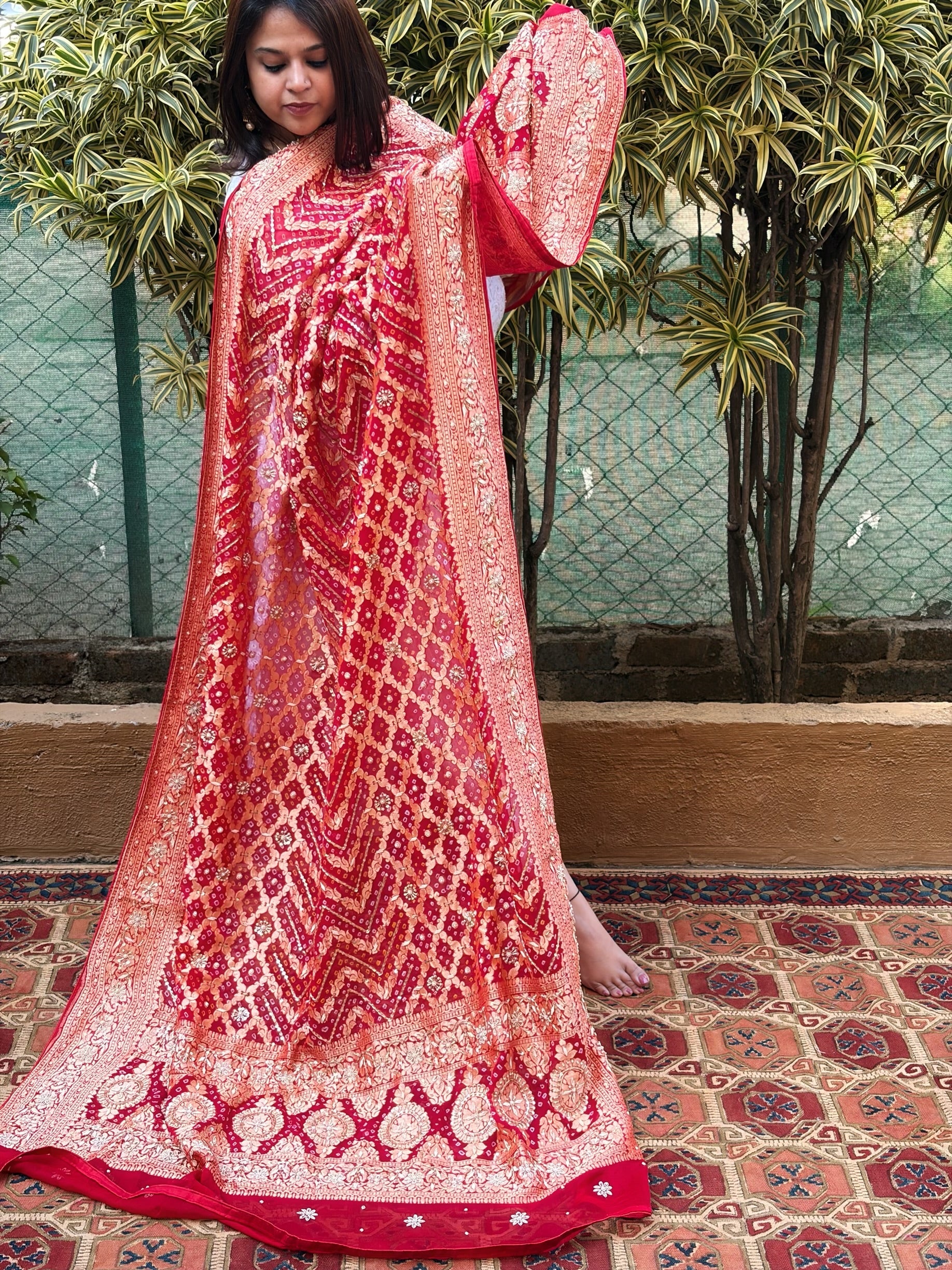 Handwoven Bareek Bandhani dupatta with Dabka Handwork in Pure Gajji silk - Masakalee