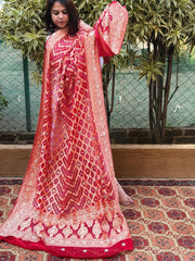 Handwoven Bareek Bandhani dupatta with Dabka Handwork in Pure Gajji silk - Masakalee