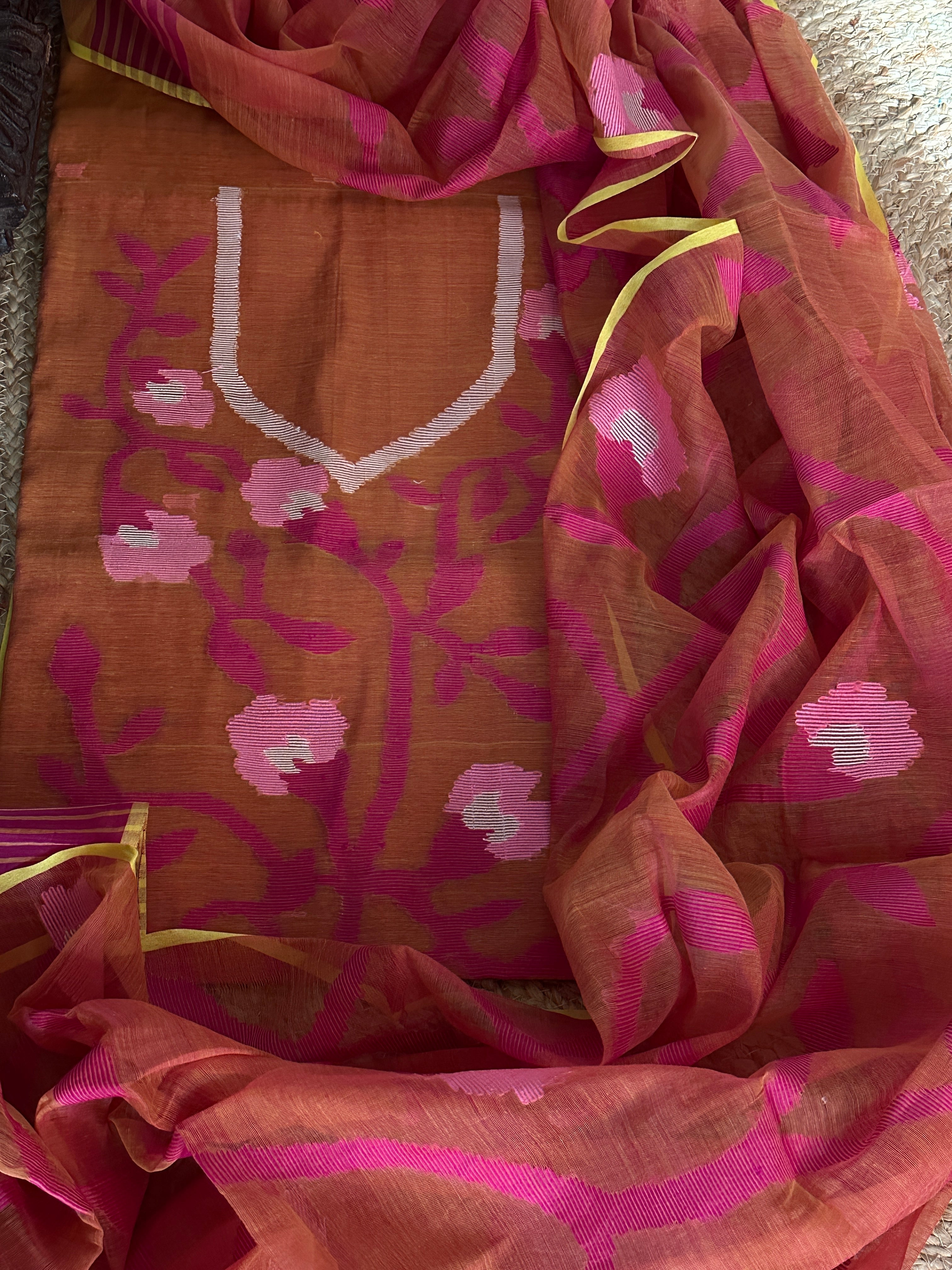 Handwoven Jamdani Dupatta Set (Kurta Fabric+Dupatta) in Pure Muslin - Masakalee