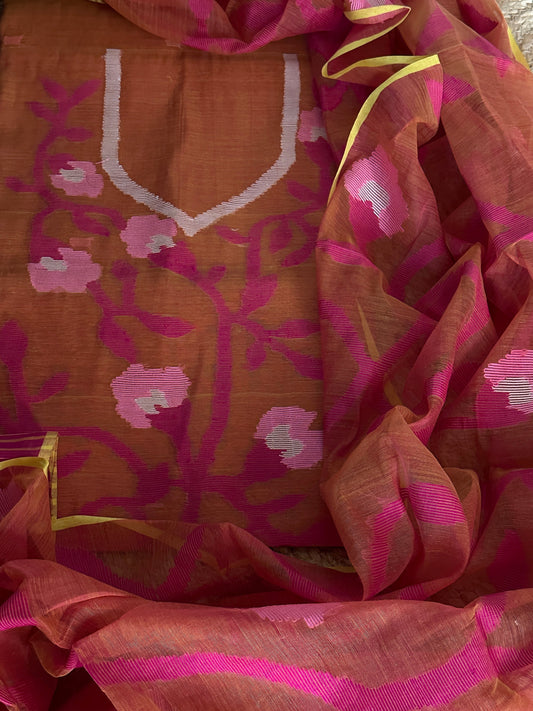 Handwoven Jamdani Dupatta Set (Kurta Fabric+Dupatta) in Pure Muslin - Masakalee