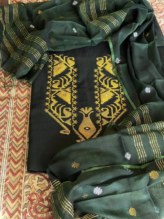 Handwoven Jamdani Dupatta Set (Kurta Fabric+Dupatta) in Pure Muslin Cotton - Masakalee